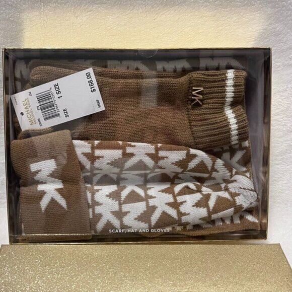 Michael Kors Logo Knit 3-Piece Gift Box Set Scarf, Hat & Gloves - Picture 1 of 4